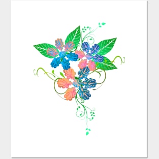 Trippy Blue and Orange Floral Decoration Silhouette Art Posters and Art